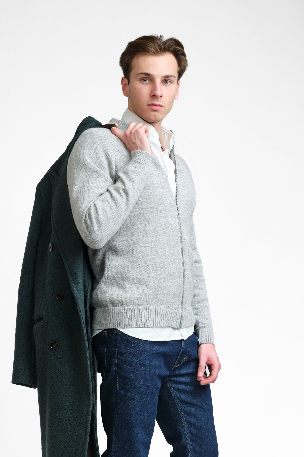 Zipper-neuletakki, Vaaleanharmaa, XL, 2 LK, #7600